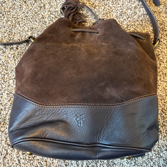 Brown and Black FRYE Suade Leather Paige Drawstring Bucket Bag - Picture 6 of 12